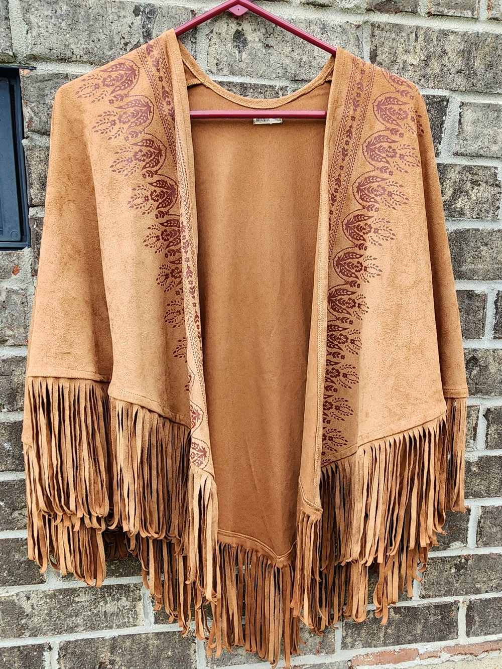 Women's Suede Fringe Open Cardigan Sweater - Camel